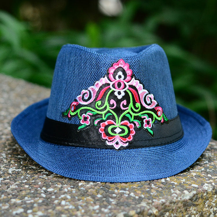 Embroidered hat in summer, straw hat, women's top hat, Tibetan style, sun protection, national style embroidery in summer and autumn