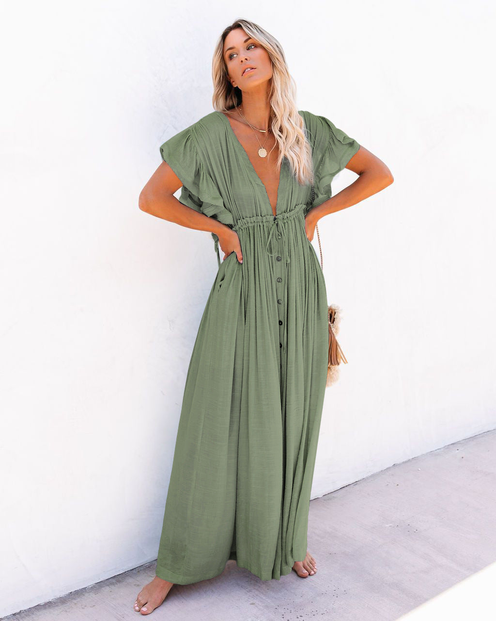 Drawstring Long Skirt Sunscreen Shirt Beach Blouse V-Neck Dress