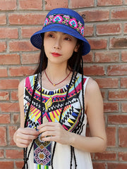 New National Style Embroidered Braided Hat, Folding Leisure Straw Hat, Summer Vacation Beach Sunshade Basin Hat