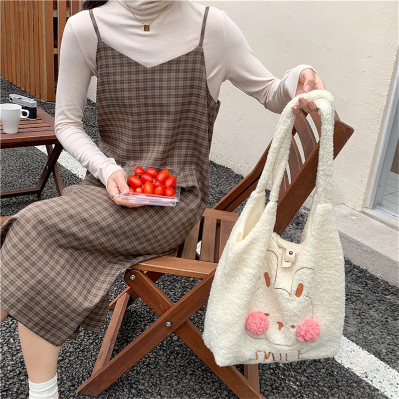 Cute Bunny Blush Pom Pom Plush Tote Bag