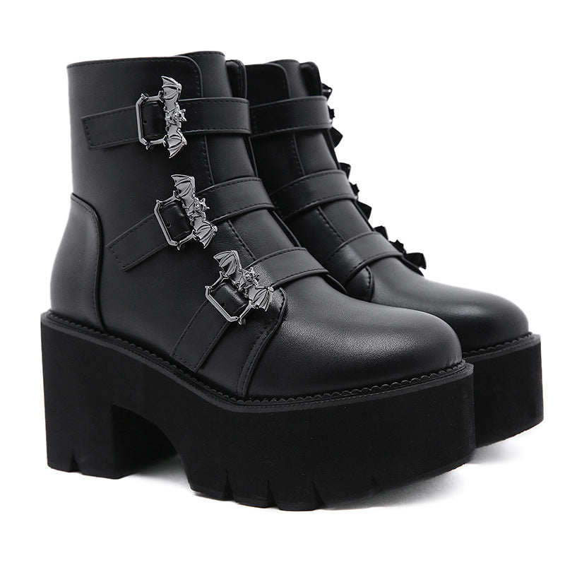 Gothic Bat Triple Buckles Platform Boots