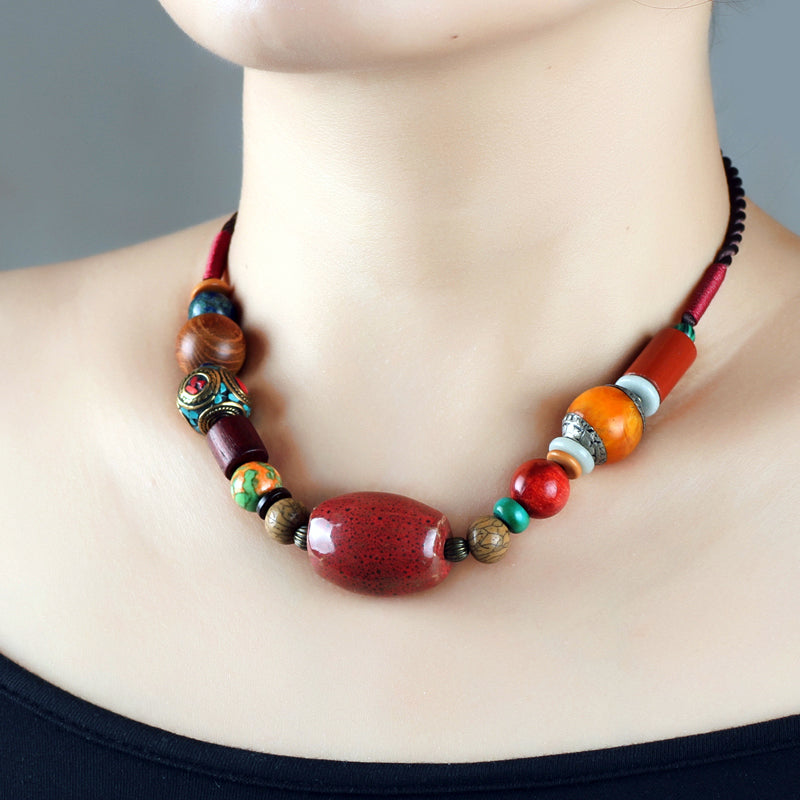 Ethnic style handmade Tibetan jewelry necklace vintage multi-treasure ceramic beads versatile cropped collarbone chain necklace women