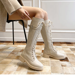 Chic Round Toe Knee High Lace Boots