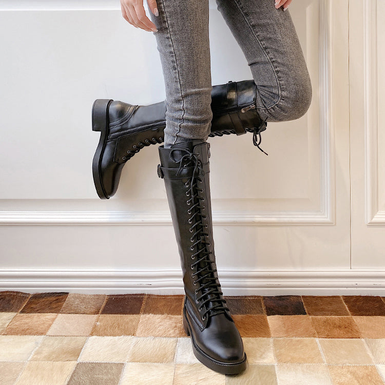 Chic Round Toe Knee High Lace Boots