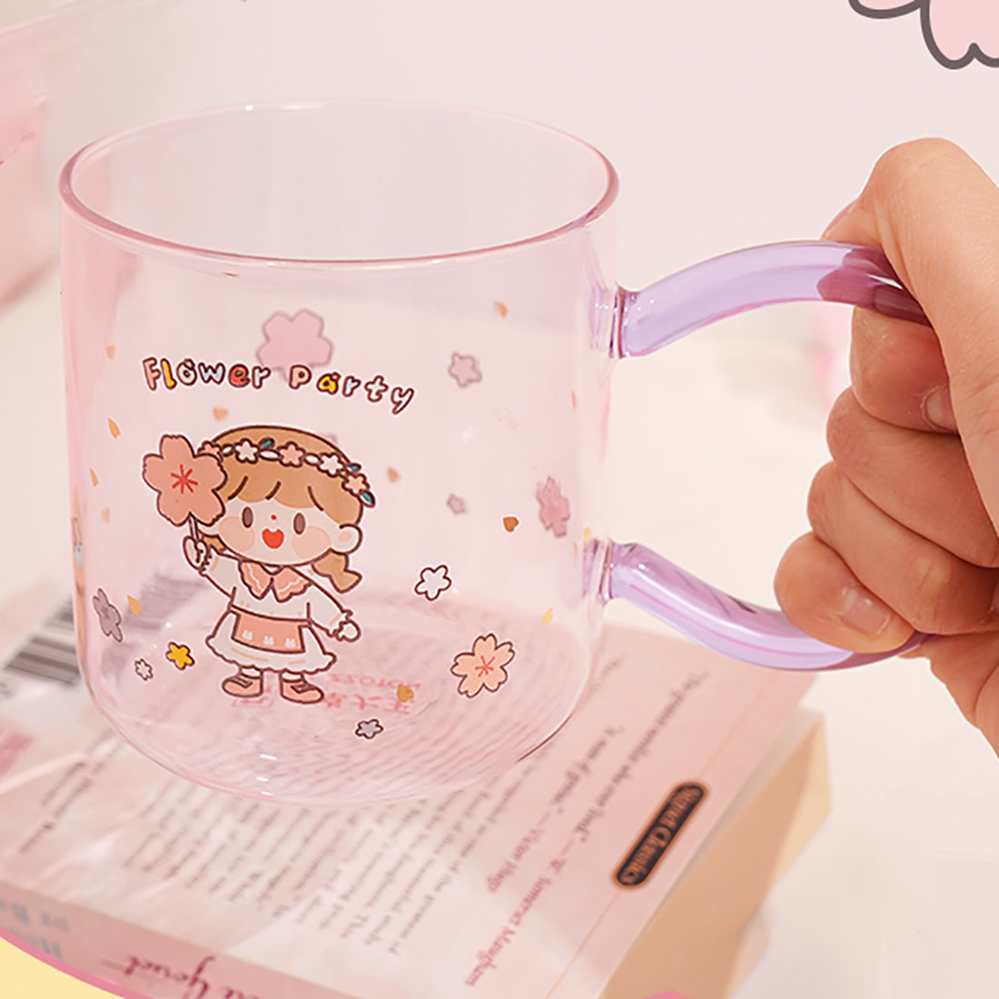 Cute Cartoon Girl Flower Party Glass Cup with Spoon