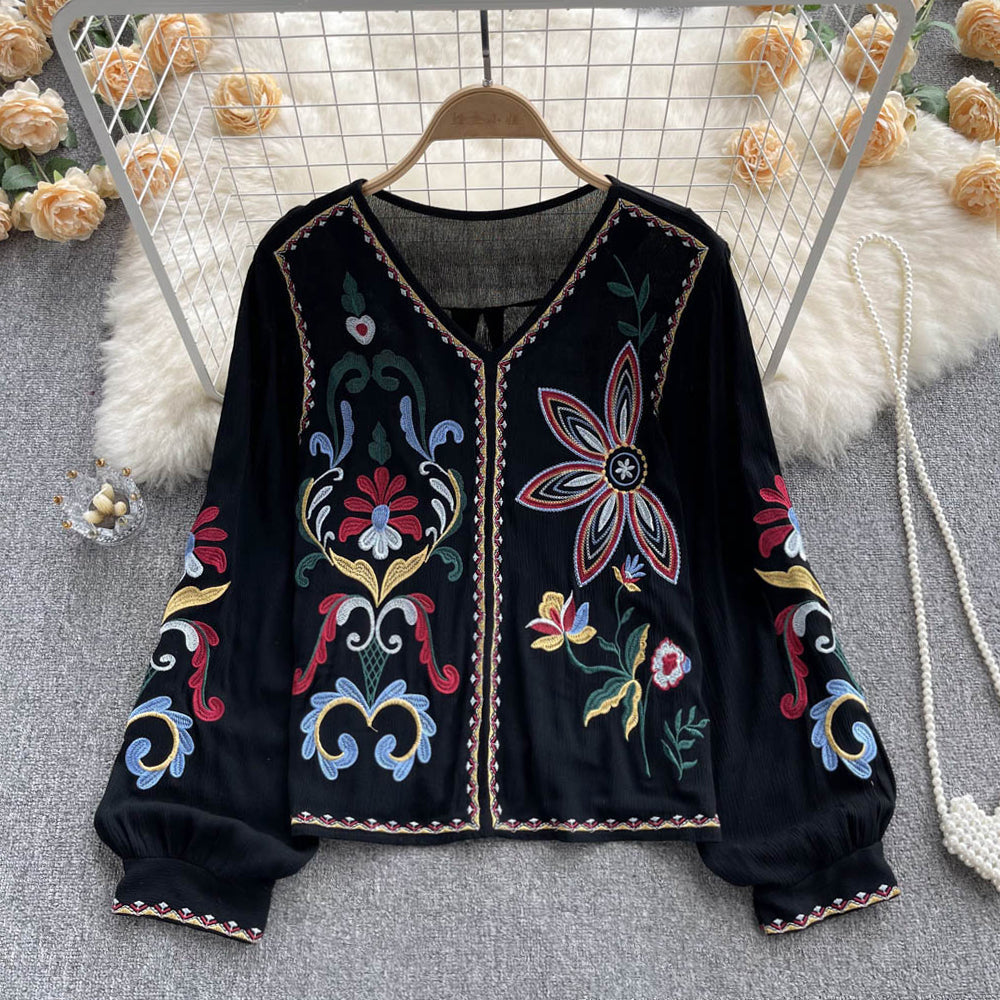 Retro heavy industry embroidered top women's spring and autumn new V-neck loose lantern sleeves ethnic style cotton and linen shirt