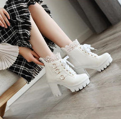 Women's Platform Thick High Heel Lace Up Ankle Boots