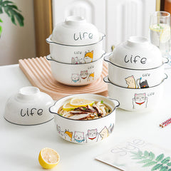 Cute Cartoon kitties Print Ceramic Noodle Bowl Set