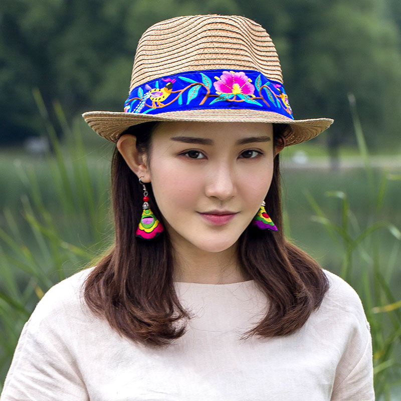 National style Embroidered Hat Straw Hat Sun-proof Visor Big Brim Summer Days Ladies National hat