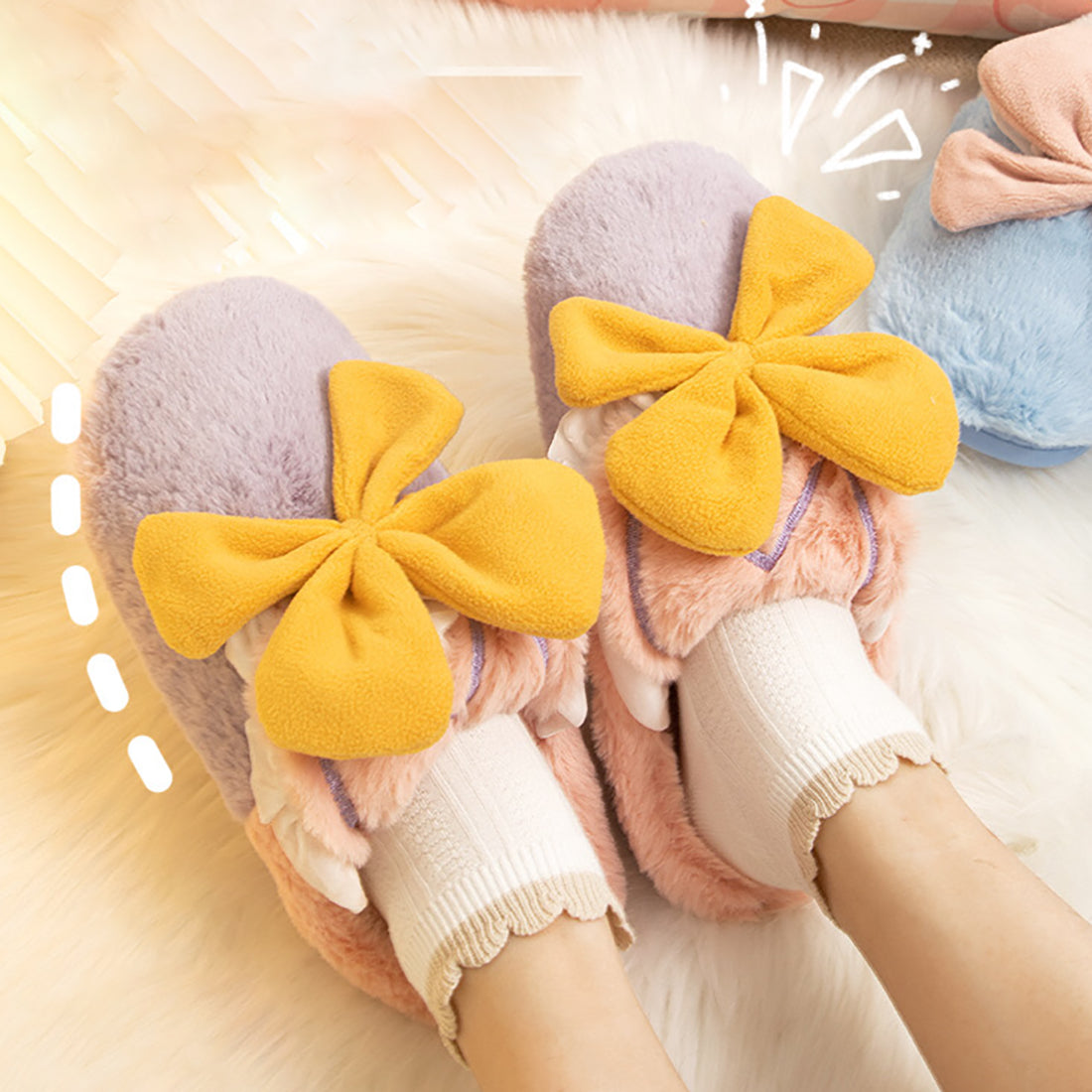 Fuzzy Bowknot Cotton Slipper