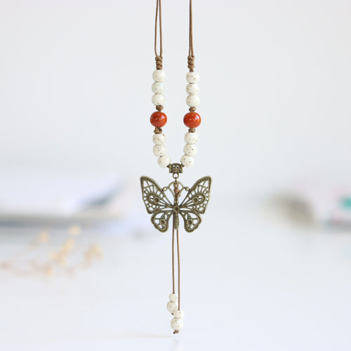 Ethnic style ceramic long sweater chain women's antique hanging vintage Chinese style butterfly necklace