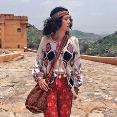 Retro ethnic embroidery exotic loose lantern sleeve fringed top