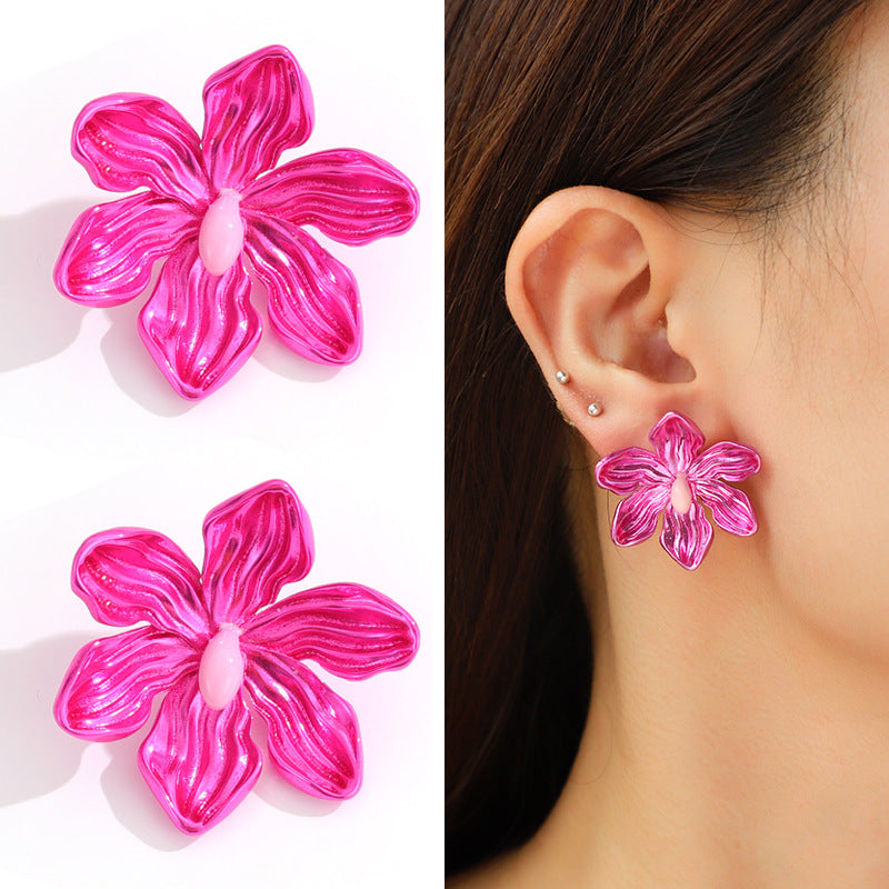 Metal flower bow Barbie pink stud earrings women's fashion personality earrings