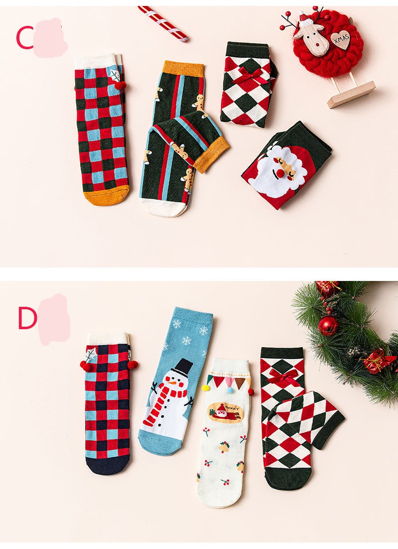 Cute Christmas Cartoon Mid-calf Cotton Socks 4pc Gift set