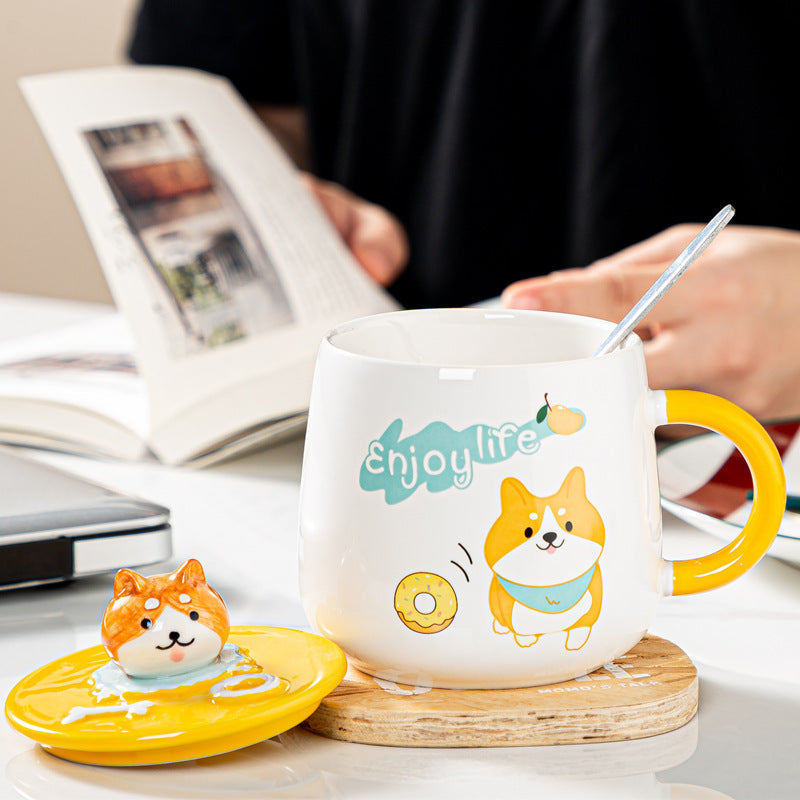 Tasse en céramique mignonne de chien de Corgi avec le couvercle