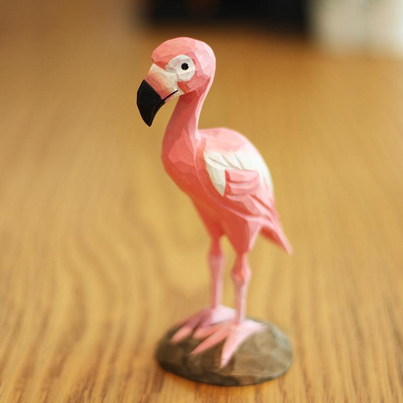 Flamingo-Vogel-Figuren, handgeschnitzt und bemalt aus Holz