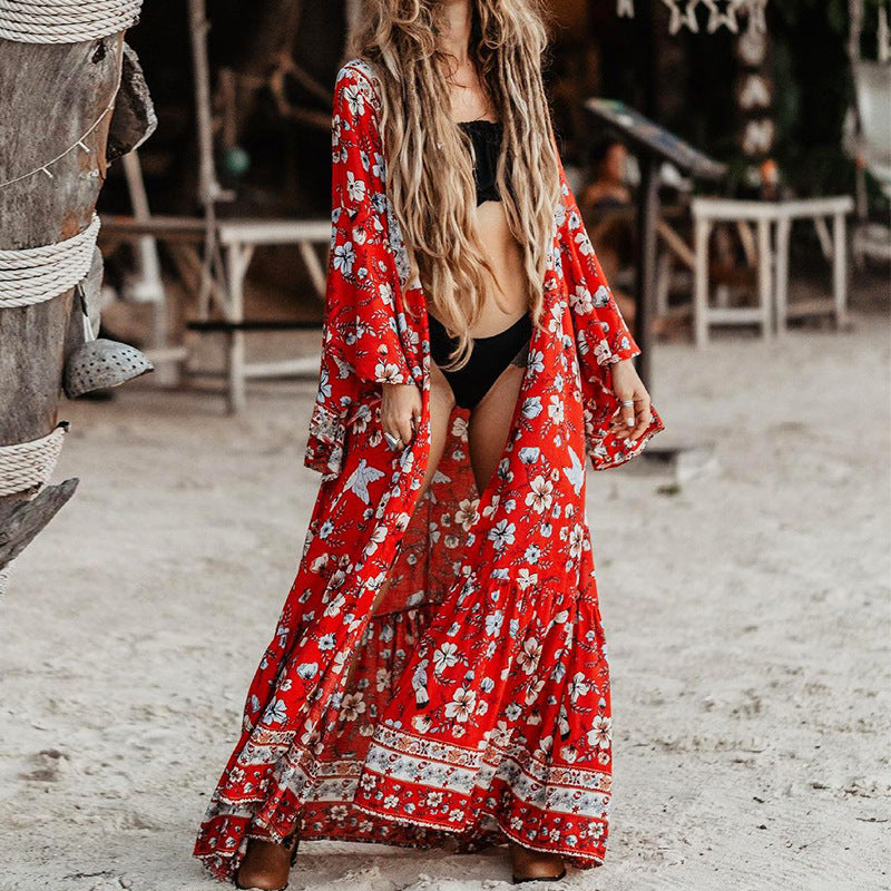 New Women's Sexy Long Sleeve Mid Length Boho Print Dress