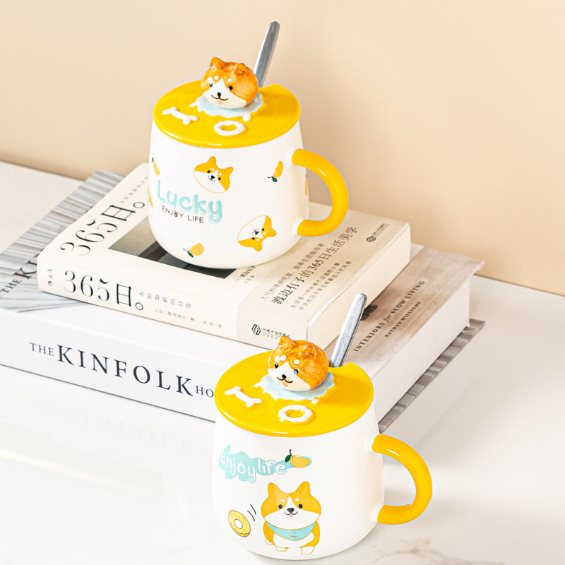 Tasse en céramique mignonne de chien de Corgi avec le couvercle