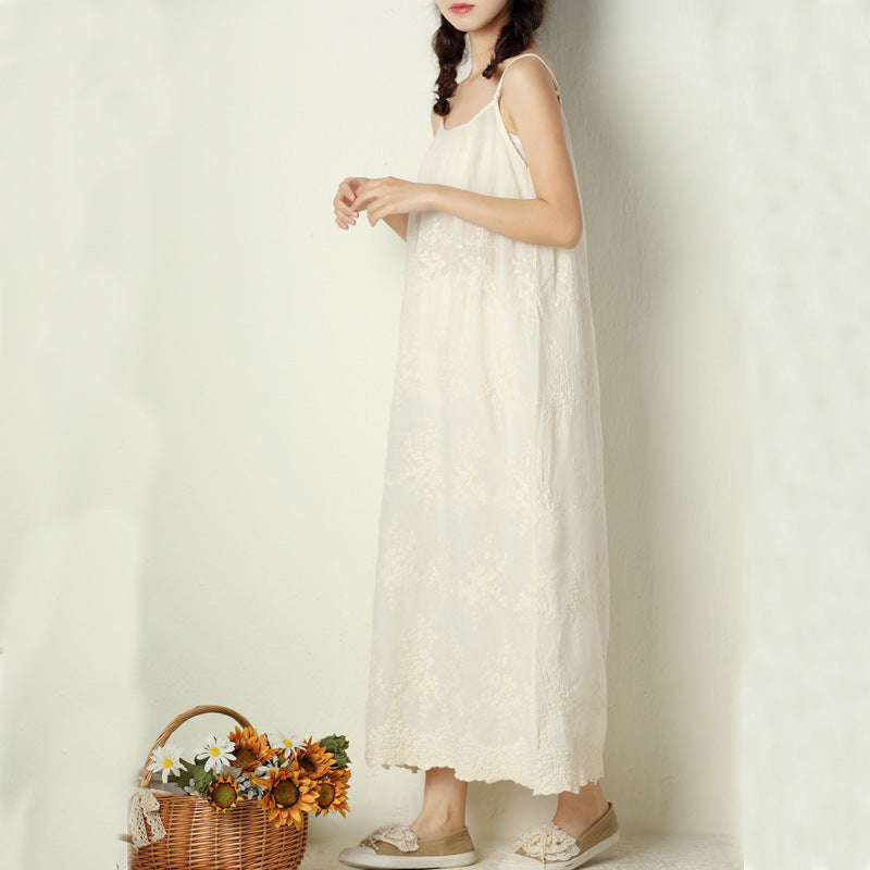 Solid color dress embroidered loose waist suspender bottom cotton linen maxi skirt