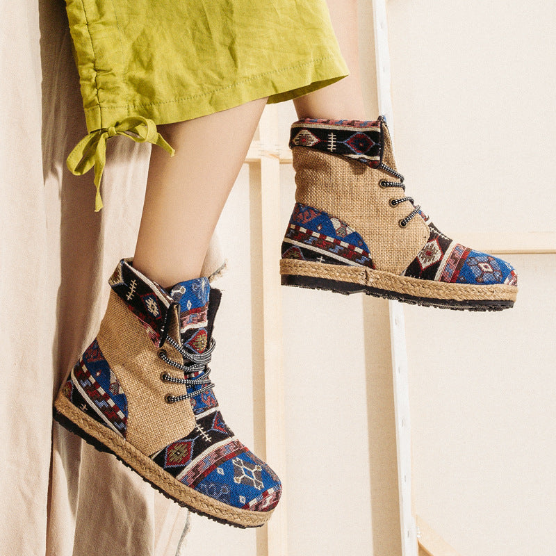 High-top Linen Cloth Shoes Embroidered Lace-up Flanging Color Matching Shoes National Wind Cotton and Linen Booties