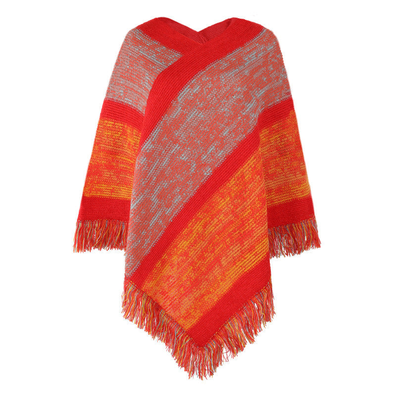 Contrast stripe knitted cape fringed cape