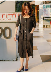 Black Shirts Linen Dress Buttons Midi Dresses CH90413