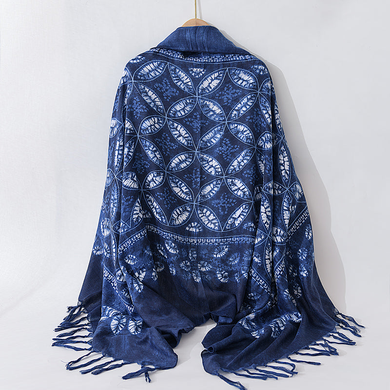 Retro ethnic scarf women's spring and autumn imitation blue dyed wild literary long summer sun protection holiday shawl scarf