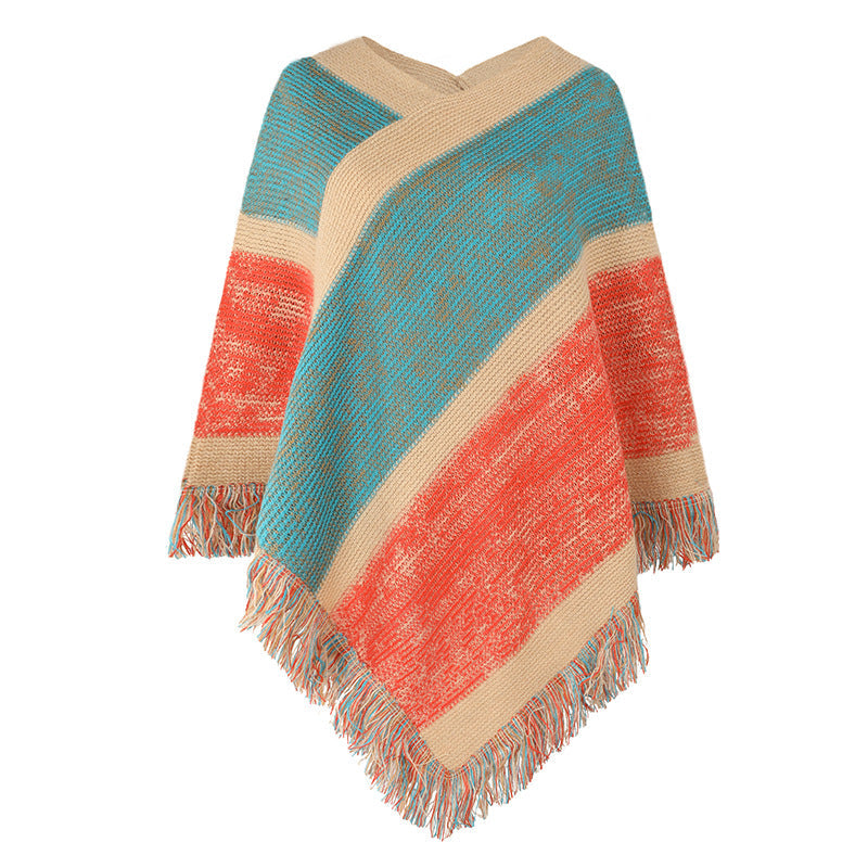 Contrast stripe knitted cape fringed cape