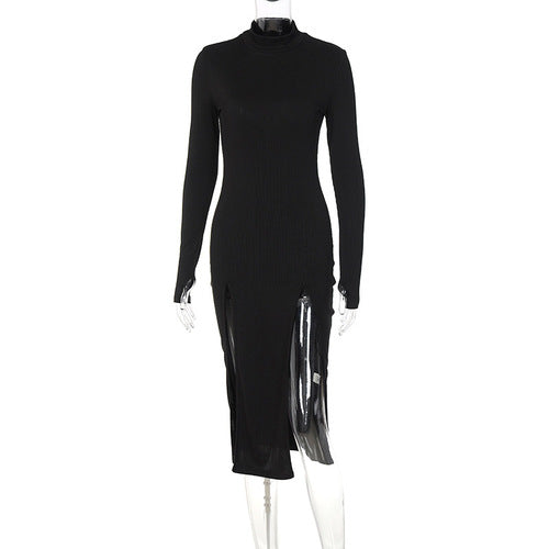 Design sense of new sexy style half turtleneck double slit slim dress