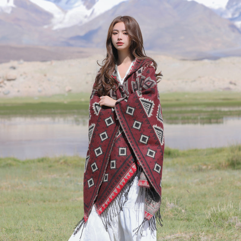 Ethnic style with hat shawl cloak Tibet travel wear photo warm outer cape