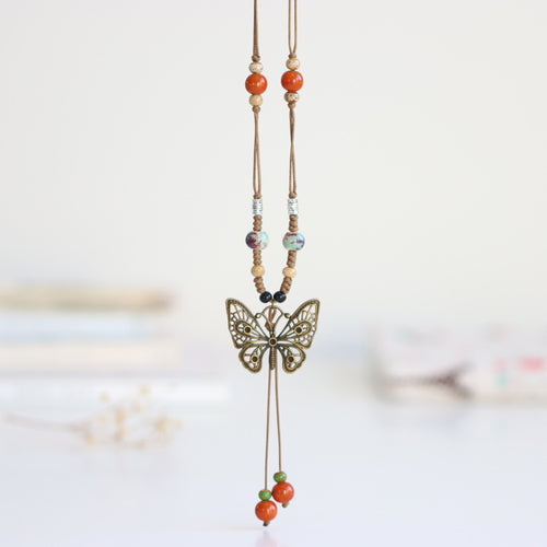 Ethnic style ceramic long sweater chain women's antique hanging vintage Chinese style butterfly necklace