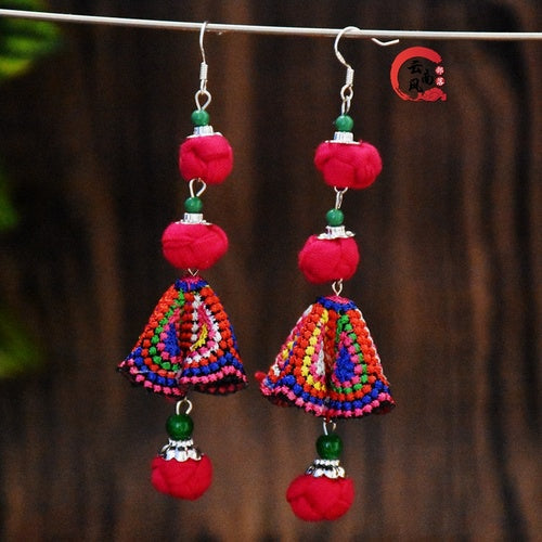 New handmade women's earrings ethnic style original Joker fabric colored ball embroidered earrings