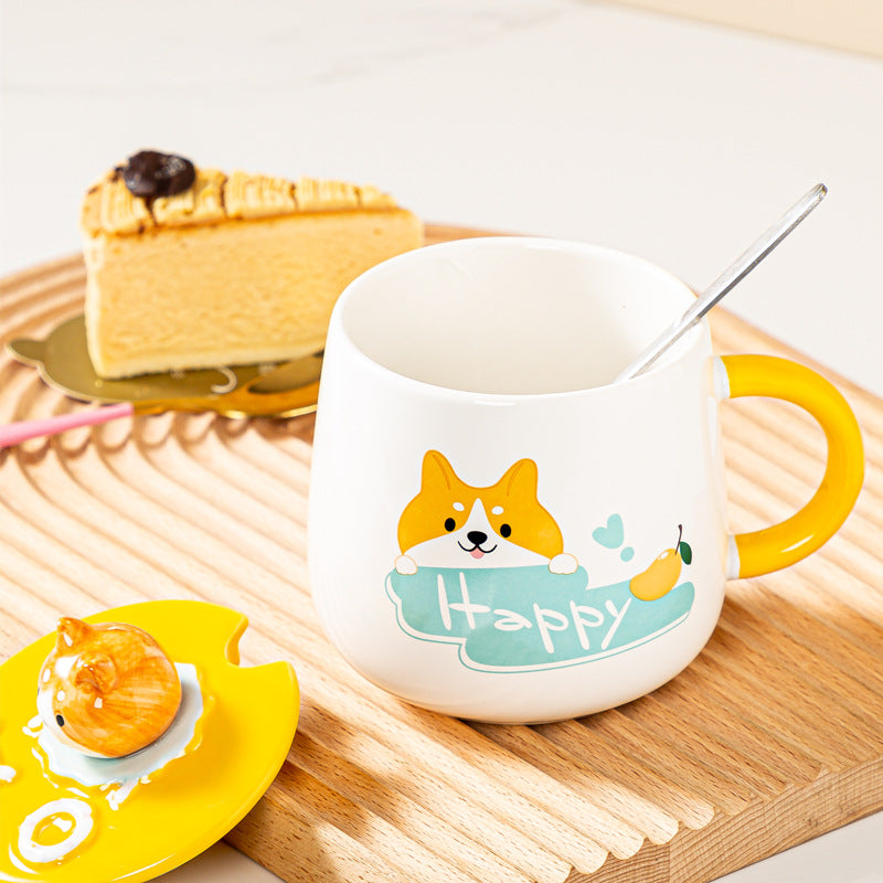 Tasse en céramique mignonne de chien de Corgi avec le couvercle