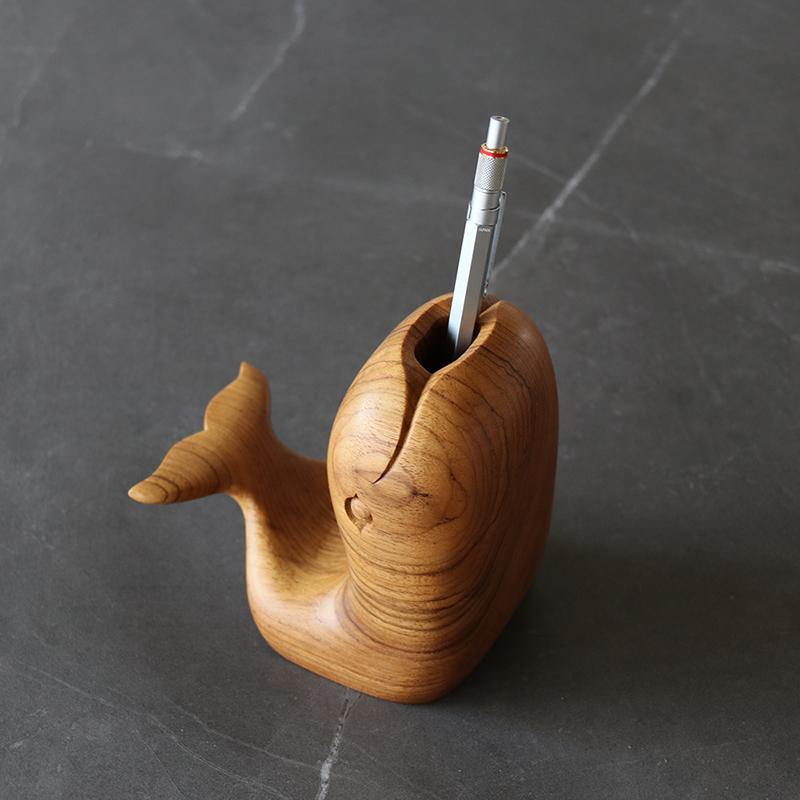 Pen holder Hand-Carved Whale Teak Wood