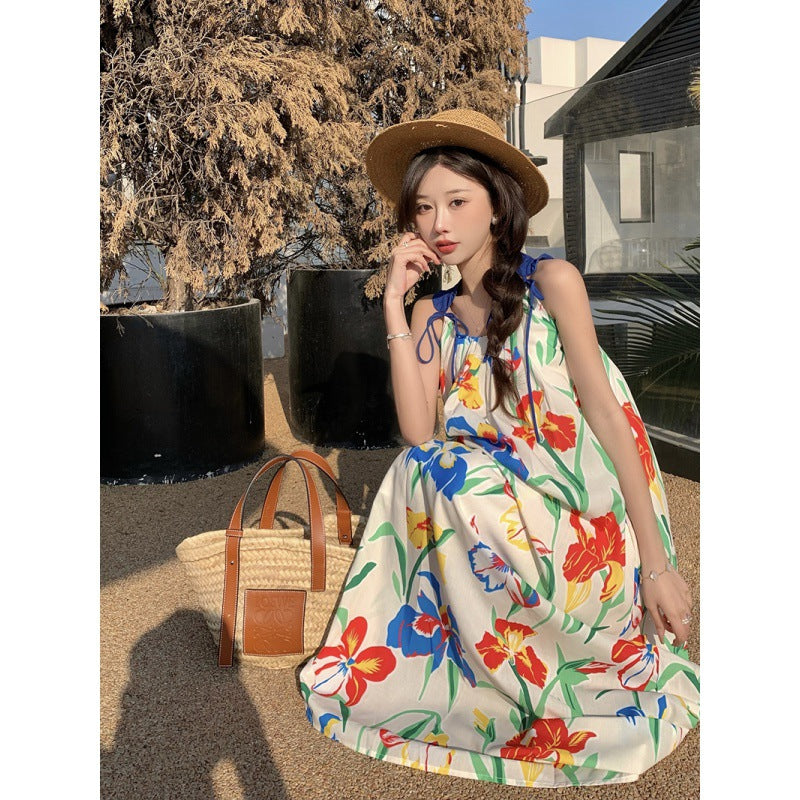 Seaside holiday beach dress women's summer new print suspender dress