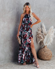 Bohemian print halterneck high slit maxi dress