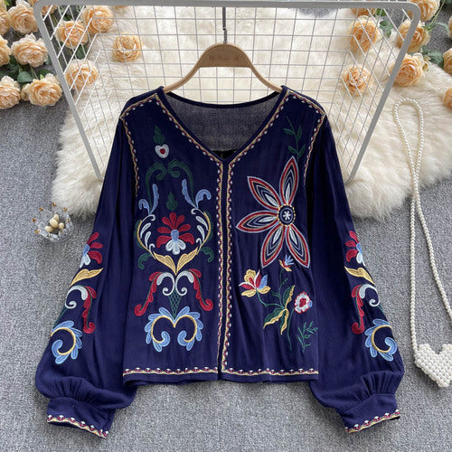 Retro heavy industry embroidered top women's spring and autumn new V-neck loose lantern sleeves ethnic style cotton and linen shirt