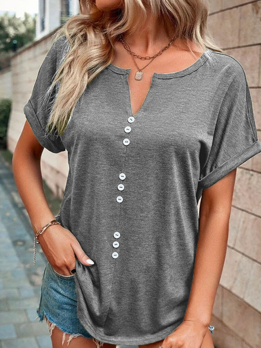 Women's T-Shirts V-Neck Button Short-Sleeved T-Shirt