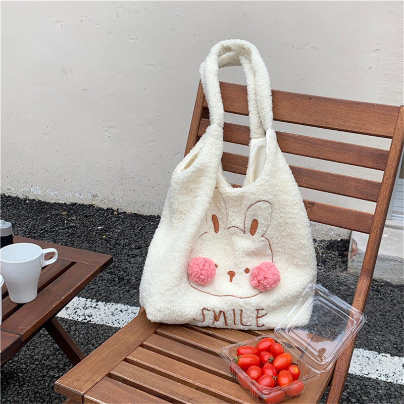 Cute Bunny Blush Pom Pom Borsa tote in peluche