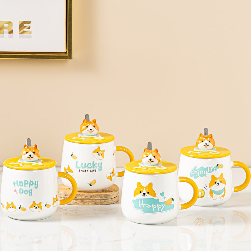 Tasse en céramique mignonne de chien de Corgi avec le couvercle