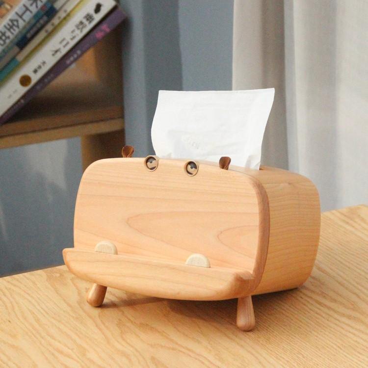 Housse de boîte à mouchoirs avec support de téléphone Décoration hippopotame en bois faite à la main