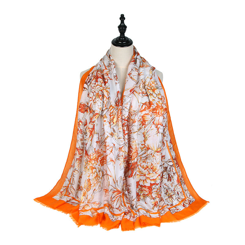 Autumn and winter new satin printing spring orchid autumn chrysanthemum outdoor ladies warm shawl scarf