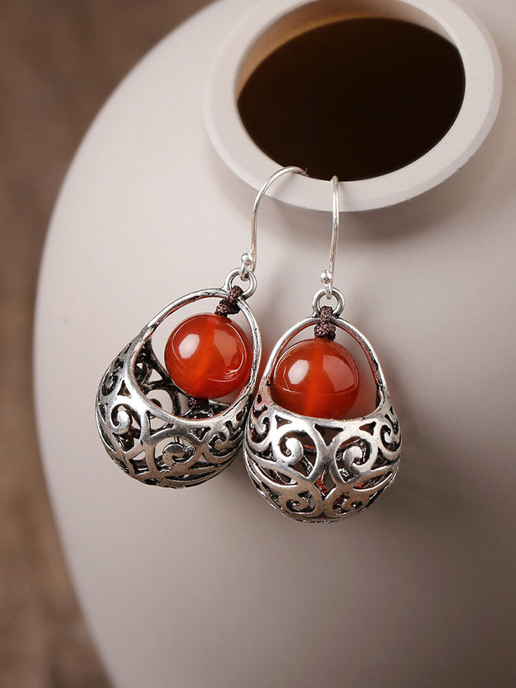 Red agate folk earrings silver earrings retro earrings with cheongsam sterling silver temperament earrings