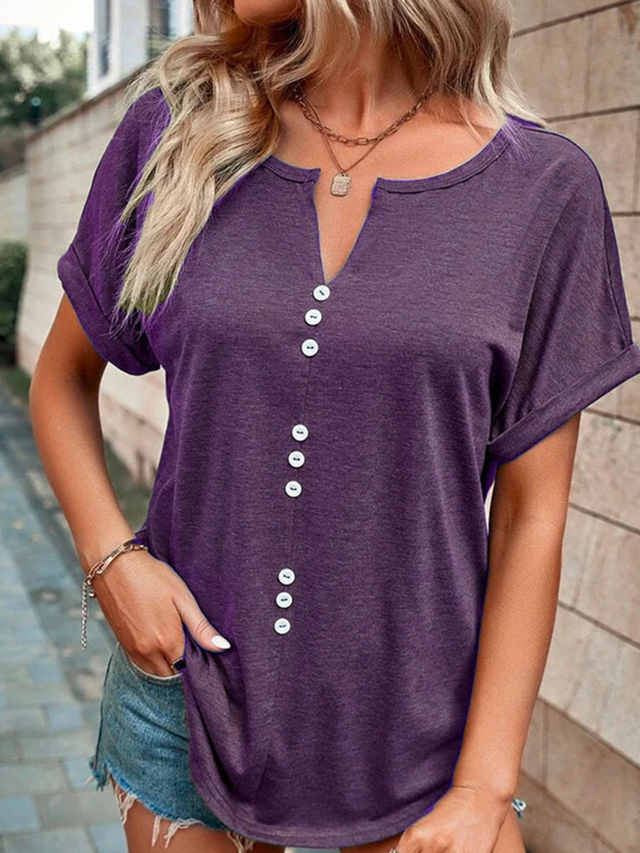 Women's T-Shirts V-Neck Button Short-Sleeved T-Shirt