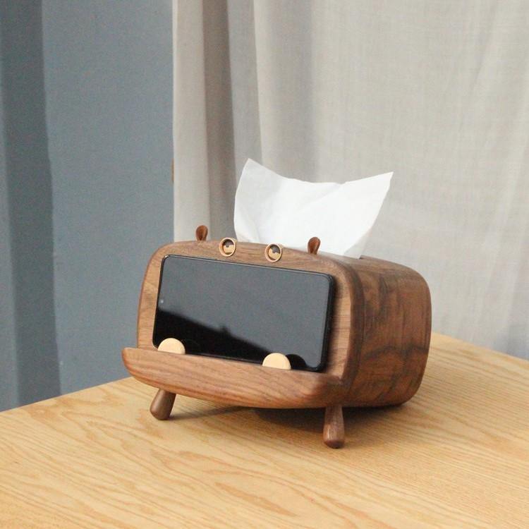 Housse de boîte à mouchoirs avec support de téléphone Décoration hippopotame en bois faite à la main