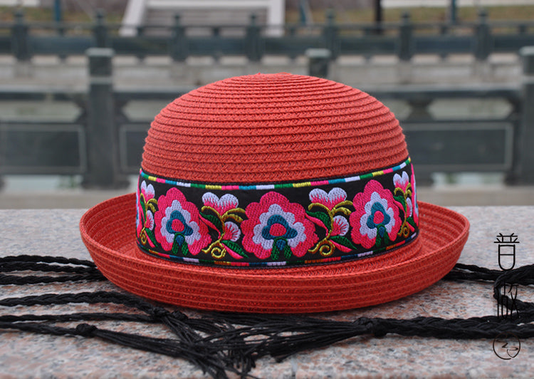 New National Style Embroidered Braided Hat, Folding Leisure Straw Hat, Summer Vacation Beach Sunshade Basin Hat