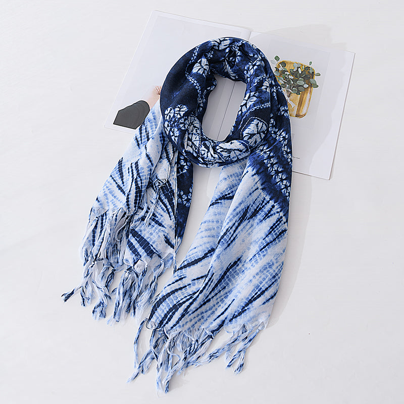 Retro ethnic scarf women's spring and autumn imitation blue dyed wild literary long summer sun protection holiday shawl scarf