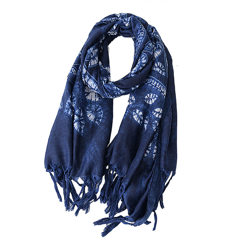 Retro ethnic scarf women's spring and autumn imitation blue dyed wild literary long summer sun protection holiday shawl scarf