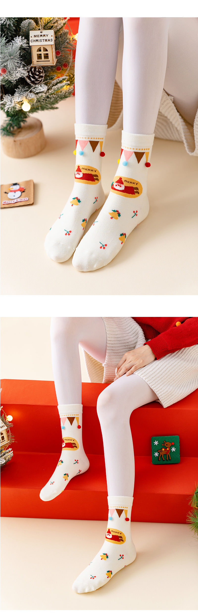 Cute Christmas Cartoon Mid-calf Cotton Socks 4pc Gift set