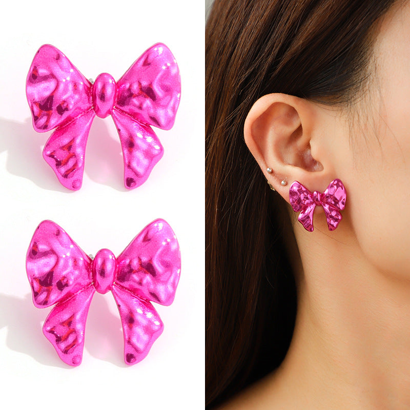 Metal flower bow Barbie pink stud earrings women's fashion personality earrings